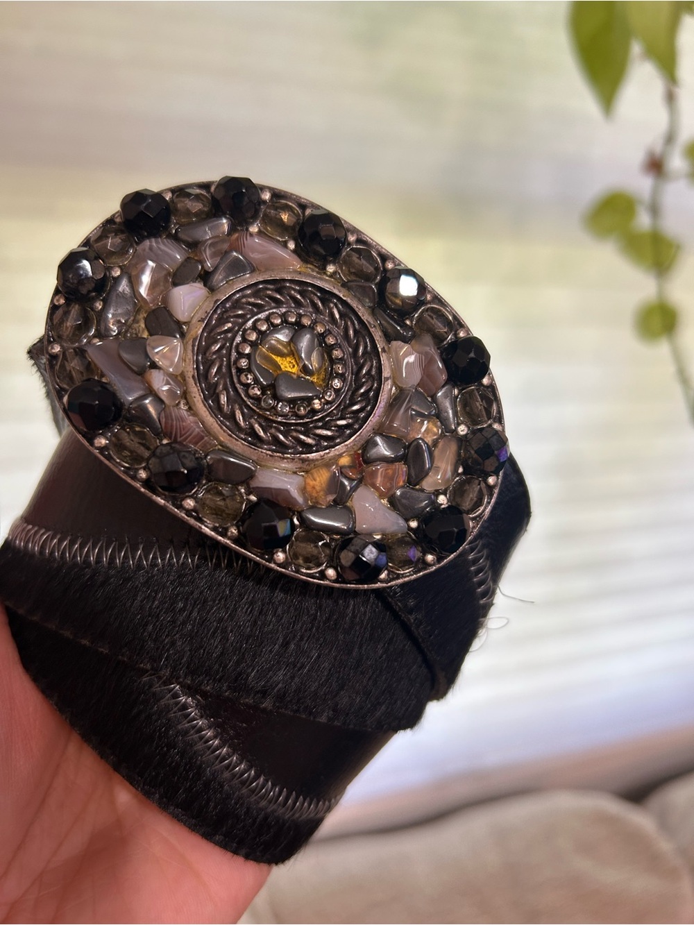 LEATHEROCK Black Leather Belt Mosaic Stone Crystal Statement Buckle Western Boho